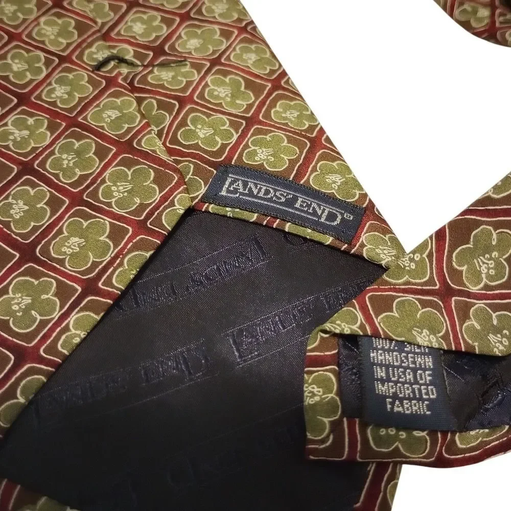 Lands End Mens‎ Tie Burgundy Green Floral Pattern Silk